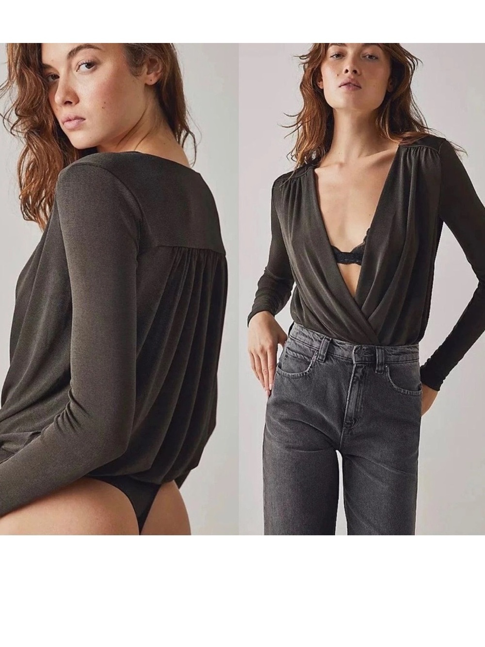 Free People Women’s Turnt Draped Long-Sleeve Bodysuit Black Sz Large NWT